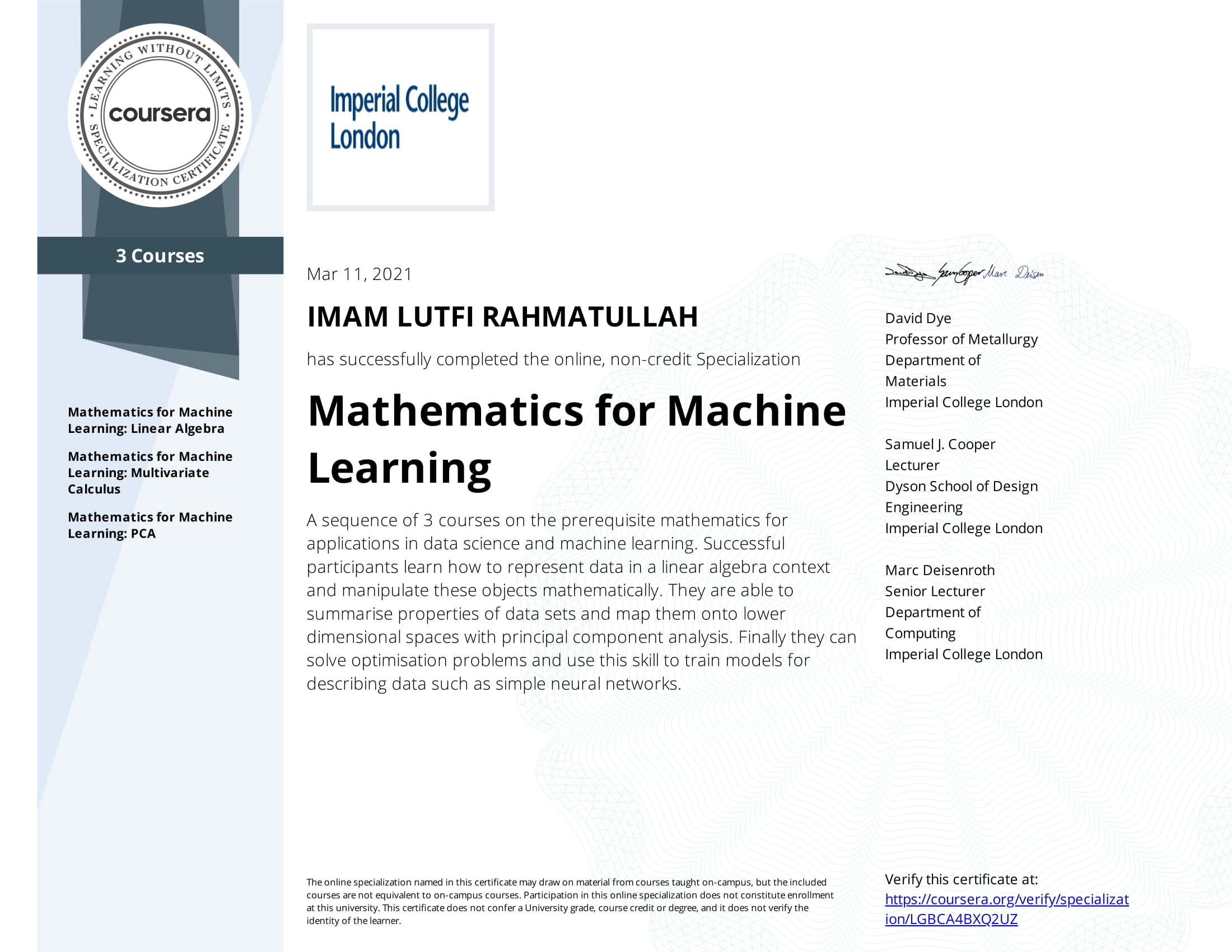 Mathematics for Machine Learning certificate